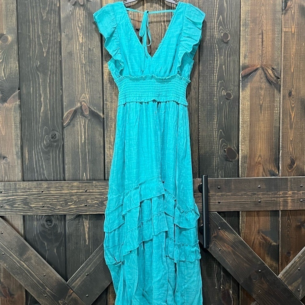J Gee Maxi Dress S Teal Green‎ Blue Tiered Ruffle Boho Smocked Flutter Lace Trim - Picture 2 of 14